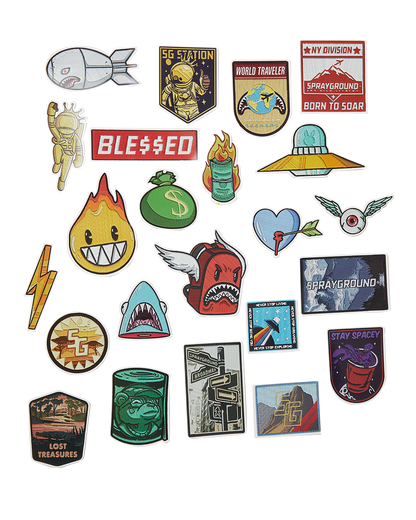 SPRAYGROUND® LUGGAGE CARGO PATCHES SHARKITECTURE CARRY-ON LUGGAGE BLACK WITH EXTRA STICKERS