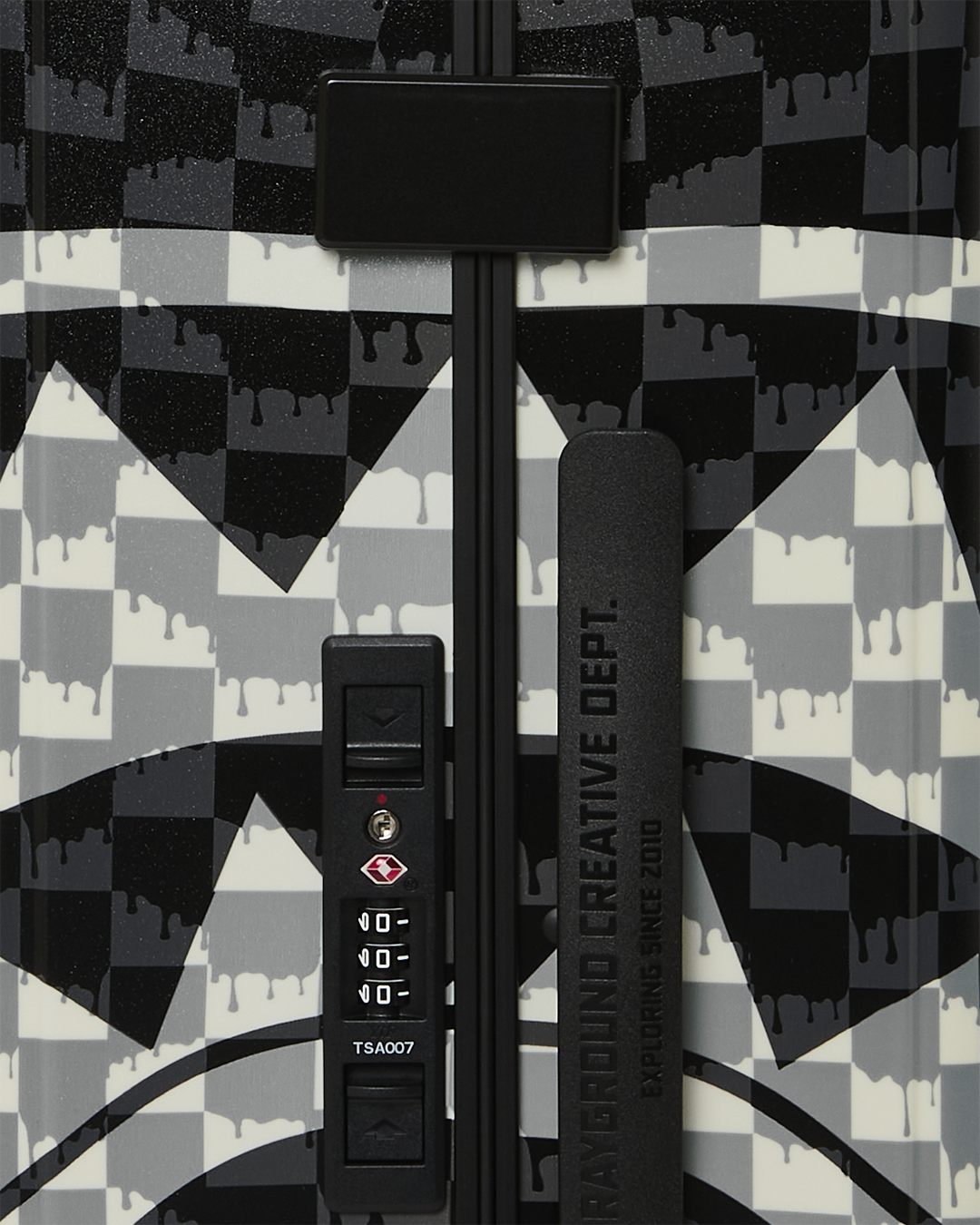 SPRAYGROUND® LUGGAGE BLACK AND WHITE DRIP CHECK SHARK CARRY-ON LUGGAGE