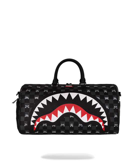 SPRAYGROUND® DUFFLE GRAY PEEKING CHARACTER CHECK DUFFLE